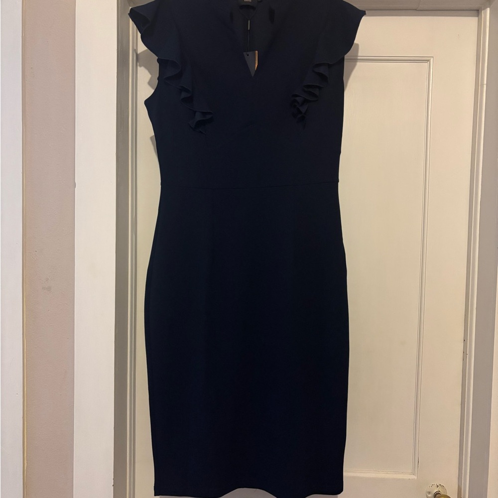 Blue V-Neck Sheath Midi Dress with Flutter Sleeves